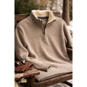 Oscar De La Renta Sweater XXL Sherpa Lined Quarter Zip Beige Knit